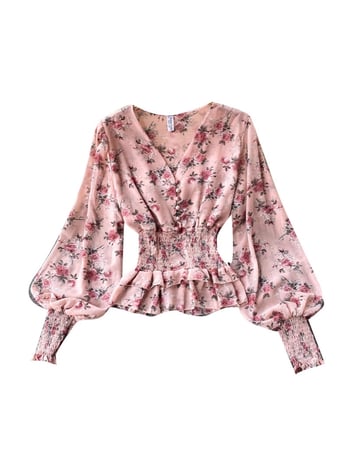 Дамска блуза с дълъг ръкав от шифон с транспарентна талия, сладък волан, пристягаща талия, вталяваща, елегантно V-образно деколте, къси буфан ръкави.