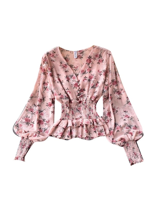 Дамска блуза с дълъг ръкав от шифон с транспарентна талия, сладък волан, пристягаща талия, вталяваща, елегантно V-образно деколте, къси буфан ръкави.