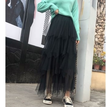 Много ефирна тюлена пола тип „торта“, нов корейски стил, универсална миди пола с висока талия и неправилно V-образно деколте за пролетта.