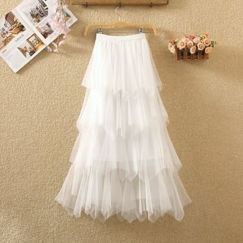 Много ефирна тюлена пола тип „торта“, нов корейски стил, универсална миди пола с висока талия и неправилно V-образно деколте за пролетта.