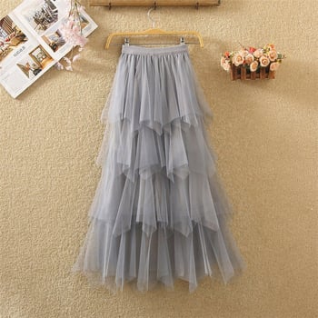 Много ефирна тюлена пола тип „торта“, нов корейски стил, универсална миди пола с висока талия и неправилно V-образно деколте за пролетта.