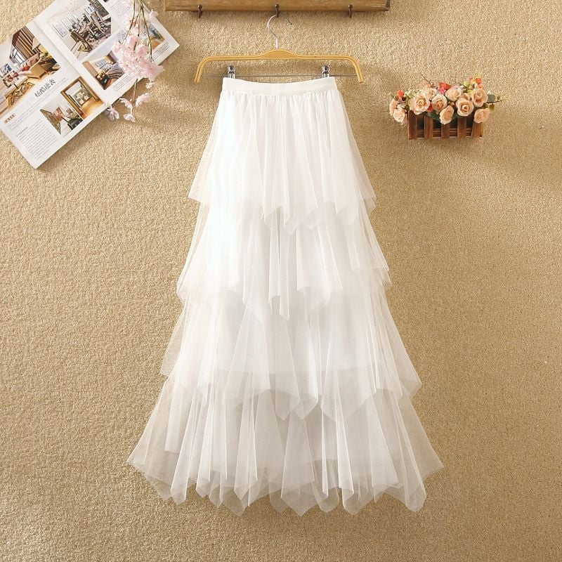 Много ефирна тюлена пола тип „торта“, нов корейски стил, универсална миди пола с висока талия и неправилно V-образно деколте за пролетта.