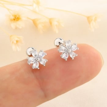 Finom és egyedi dizájn, rózsaszín gyémántokkal és szirom alakú cseresznyevirággal díszített fülbevalók, ezüstözött S925 tűk, kis fülbevalók a fülporcba.