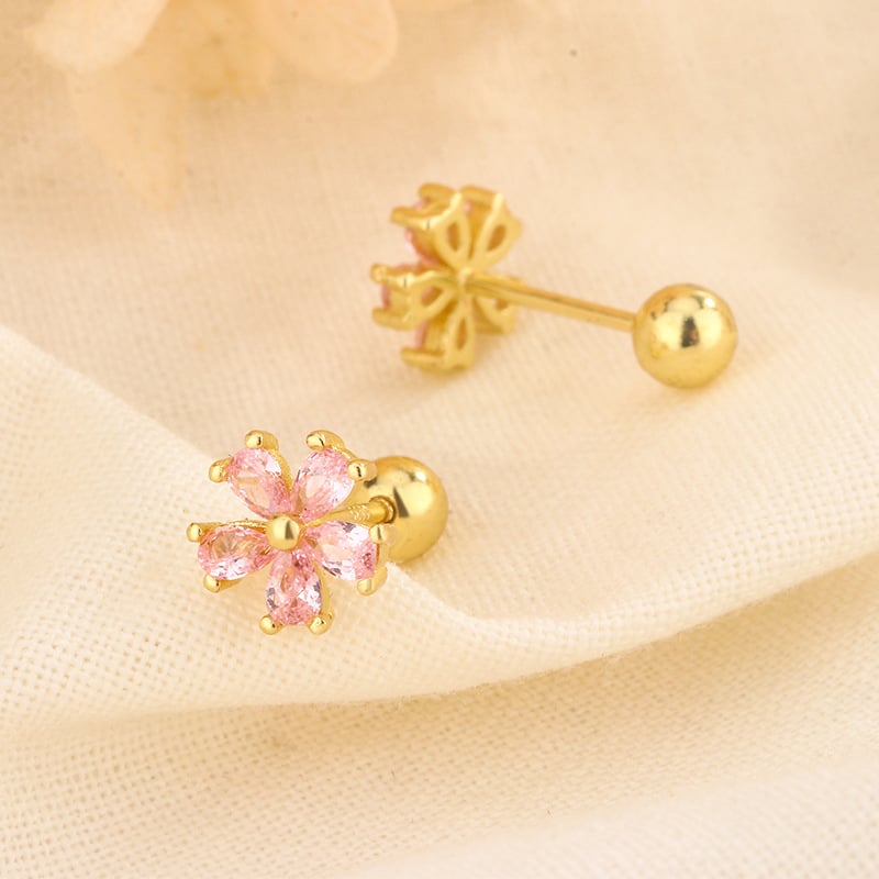 Finom és egyedi dizájn, rózsaszín gyémántokkal és szirom alakú cseresznyevirággal díszített fülbevalók, ezüstözött S925 tűk, kis fülbevalók a fülporcba.