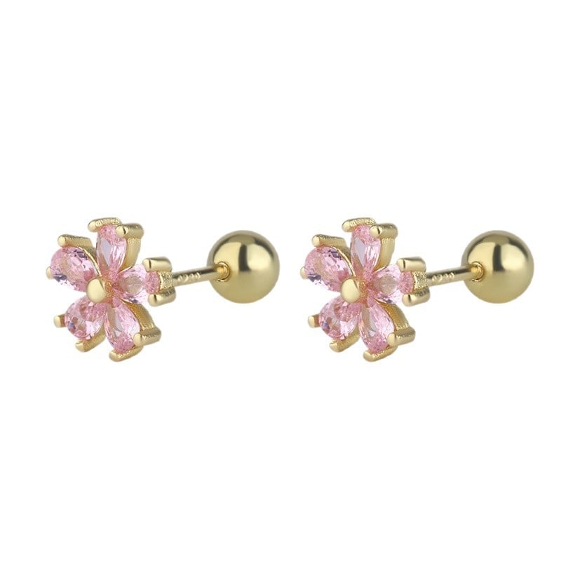 Finom és egyedi dizájn, rózsaszín gyémántokkal és szirom alakú cseresznyevirággal díszített fülbevalók, ezüstözött S925 tűk, kis fülbevalók a fülporcba.