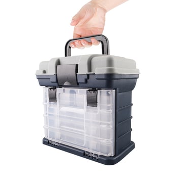 Многофункционална риболовна кутия за принадлежности, със седалка, голям капацитет за съхранение и преносима кутия за примамки и аксесоари.