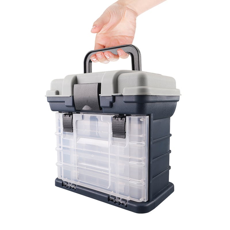Многофункционална риболовна кутия за принадлежности, със седалка, голям капацитет за съхранение и преносима кутия за примамки и аксесоари.