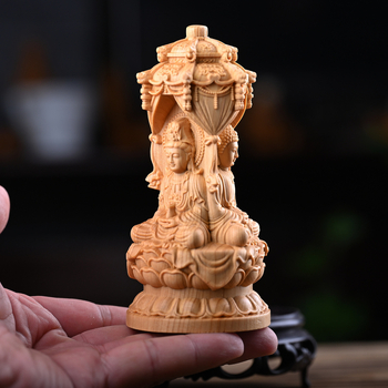 Дърворезба от туя: Западна триада пагода с Vairocana, Guanyin и Mahasthamaprapta — офисна настолна украса