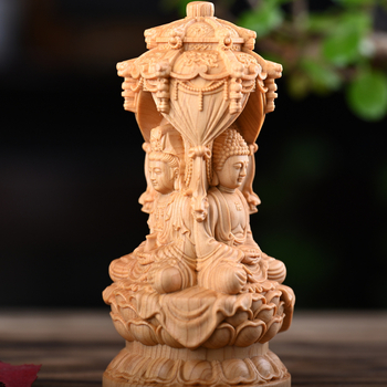 Дърворезба от туя: Западна триада пагода с Vairocana, Guanyin и Mahasthamaprapta — офисна настолна украса