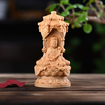 Дърворезба от туя: Западна триада пагода с Vairocana, Guanyin и Mahasthamaprapta — офисна настолна украса