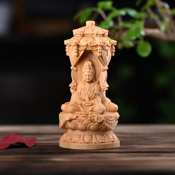 Дърворезба от туя: Западна триада пагода с Vairocana, Guanyin и Mahasthamaprapta — офисна настолна украса