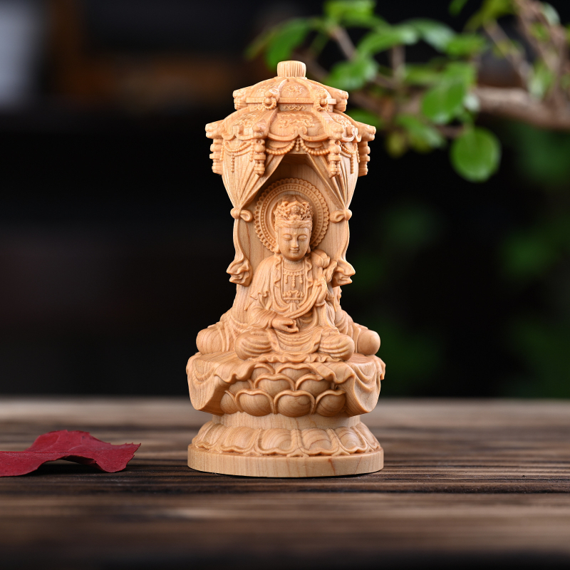 Дърворезба от туя: Западна триада пагода с Vairocana, Guanyin и Mahasthamaprapta — офисна настолна украса