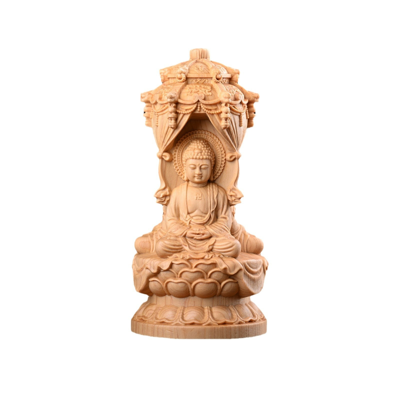 Дърворезба от туя: Западна триада пагода с Vairocana, Guanyin и Mahasthamaprapta — офисна настолна украса