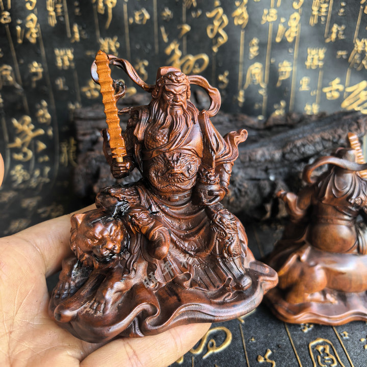 10 см статуя Zhao Gongming, Бог на богатството, дървена резба от дюля, масивно дърво, настолен декор за дом и офис