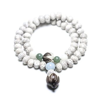 Brățară Bodhi cu lotus sculptat pe rădăcina Bodhi, jad alb – unisex, design circular în două straturi