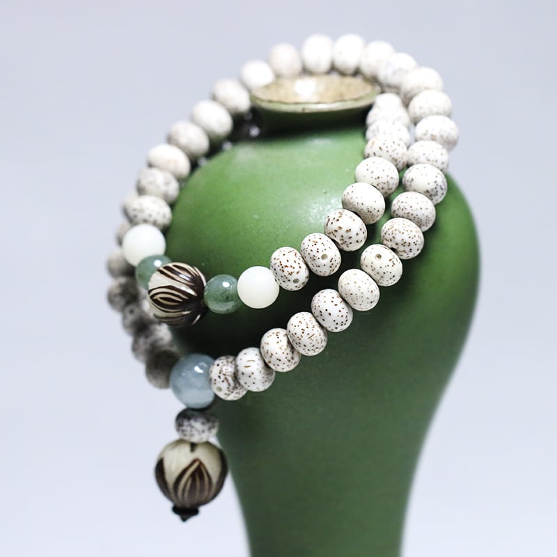 Brățară Bodhi cu lotus sculptat pe rădăcina Bodhi, jad alb – unisex, design circular în două straturi