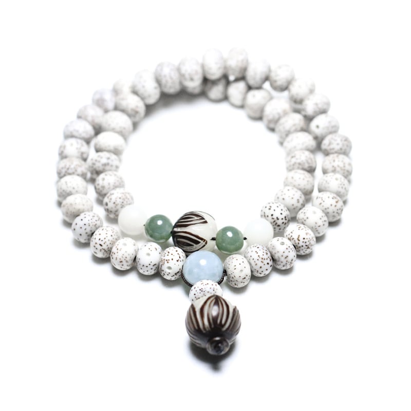 Brățară Bodhi cu lotus sculptat pe rădăcina Bodhi, jad alb – unisex, design circular în două straturi