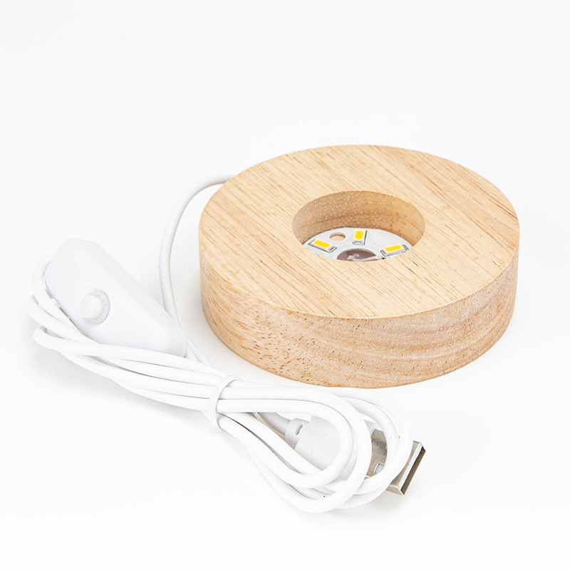 Кръгла основа от бук дърво с LED нощна светлина и кристална топка, USB захранване със превключвател, декоративен предмет