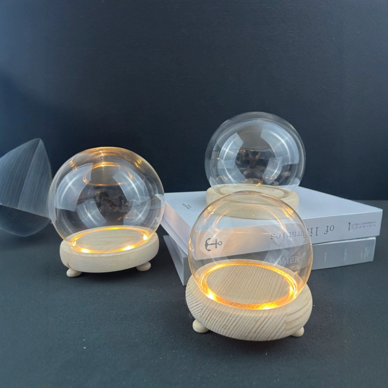 Сферична стъклена база с LED осветление и вечни цветя — ръчно изработен декоративен аксесоар