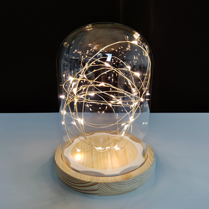 Стъклен купол за вечни цветя с LED нишка — прозрачна декоративна витрина