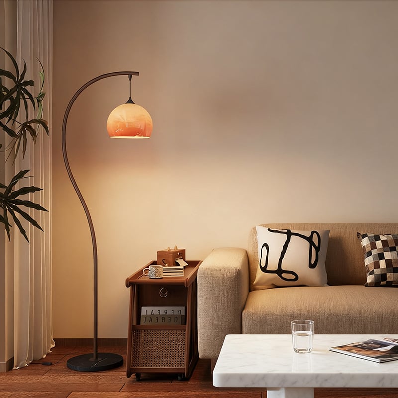 Stojaca lampa tvaru S, hnedá, vintage štýl, sklenené tienidlo, kovové telo, LED, 220V, ambientné osvetlenie do obývačky alebo spálne