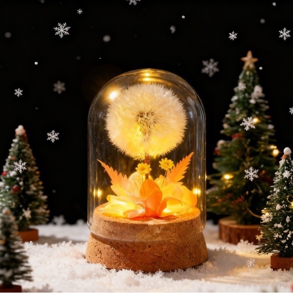 Örök éjjeli fény pitypang megőrzött virágokkal, üveg kupola alatt