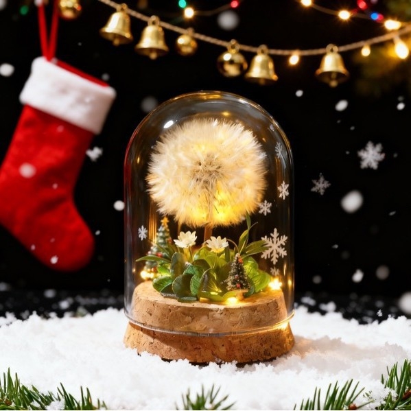 Örök éjjeli fény pitypang megőrzött virágokkal, üveg kupola alatt