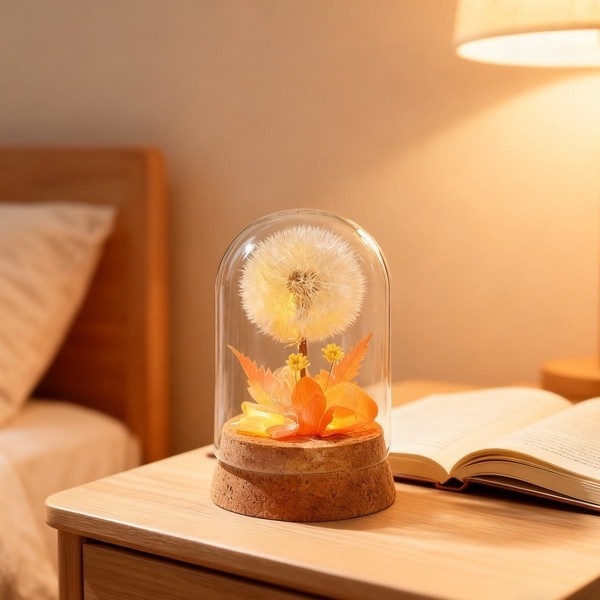 Örök éjjeli fény pitypang megőrzött virágokkal, üveg kupola alatt