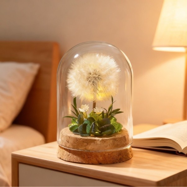 Örök éjjeli fény pitypang megőrzött virágokkal, üveg kupola alatt