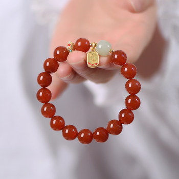 Унисекс гривна от естествен червен ахат и Хетянски нефрит, ретро стил