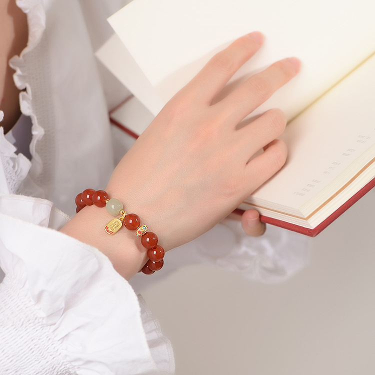 Унисекс гривна от естествен червен ахат и Хетянски нефрит, ретро стил