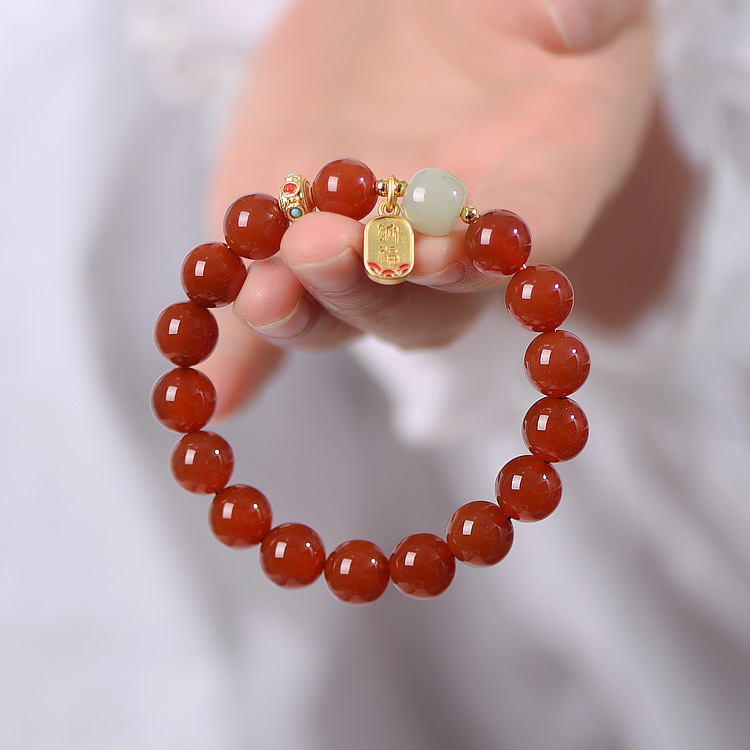 Унисекс гривна от естествен червен ахат и Хетянски нефрит, ретро стил