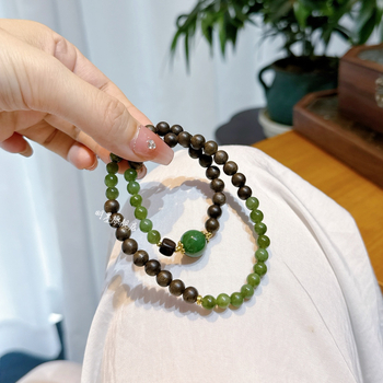 Природен хетиански нефрит и яспър кръгли мъниста, комбинирани с агарово дърво, гривна за дама в китайски стил, мултислойна, лек лукс