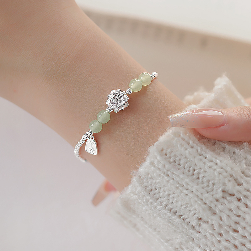 Гривна за дами с Hetian нефрит и лотос, сребърен ефект, луксозен нишов дизайн, нов китайски стил – мир и радост