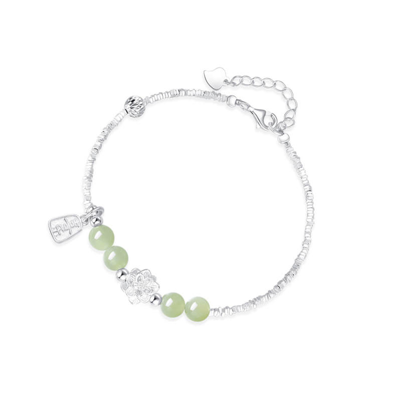 Гривна за дами с Hetian нефрит и лотос, сребърен ефект, луксозен нишов дизайн, нов китайски стил – мир и радост