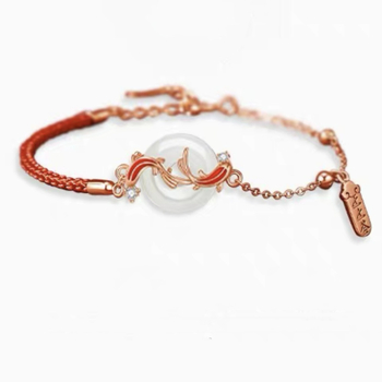 Гривна от нефрит Хетян с мотив koi и закопчалка за сигурност, червена връв, дамски комплект с мъниста за късмет и колие, подарък за годината на зодията за приятелка.