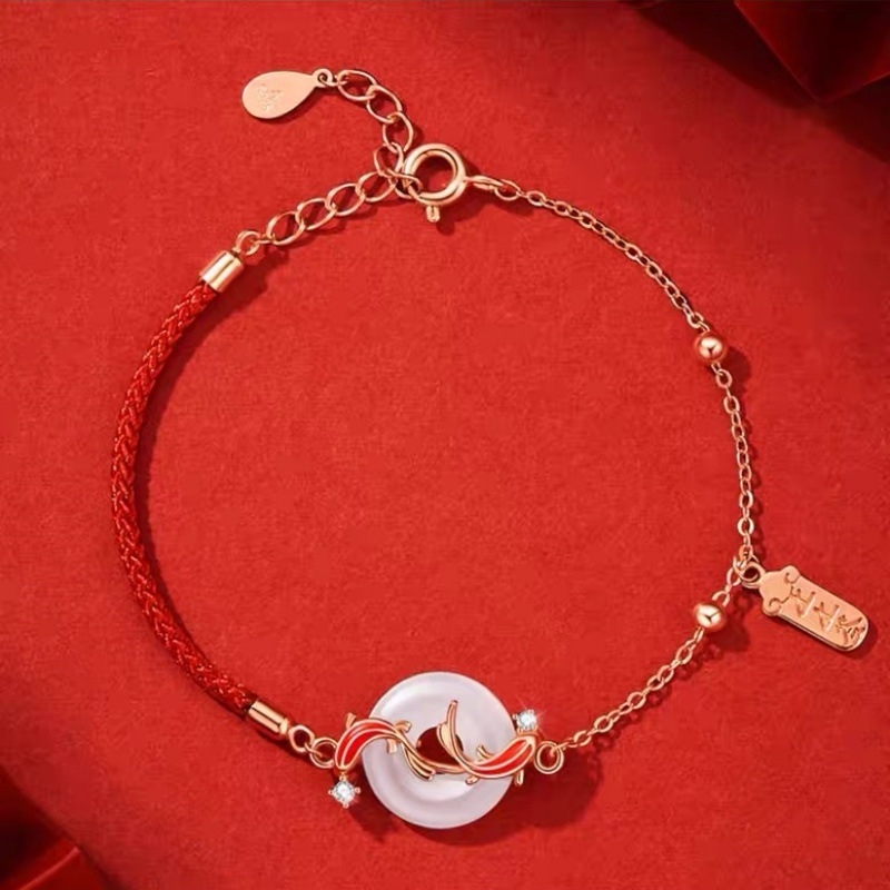 Гривна от нефрит Хетян с мотив koi и закопчалка за сигурност, червена връв, дамски комплект с мъниста за късмет и колие, подарък за годината на зодията за приятелка.