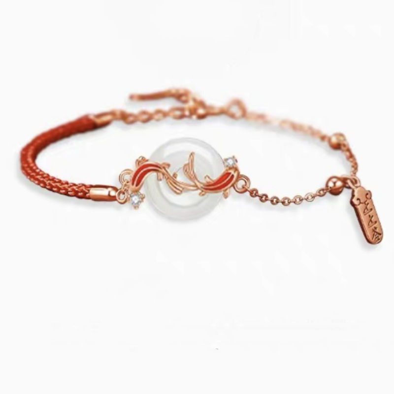 Гривна от нефрит Хетян с мотив koi и закопчалка за сигурност, червена връв, дамски комплект с мъниста за късмет и колие, подарък за годината на зодията за приятелка.