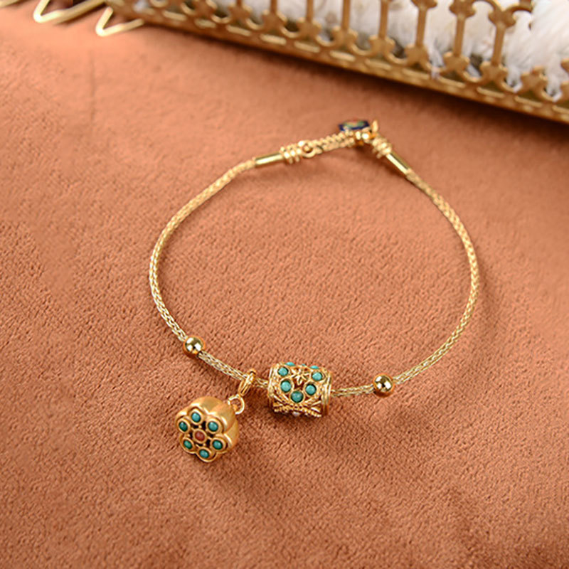 Гривна от имитиран хетиански нефрит за жени, мънисти от злато и коприна, тюркоаз и лотос, покрита със стерлингово сребро, винтидж стил син лотос