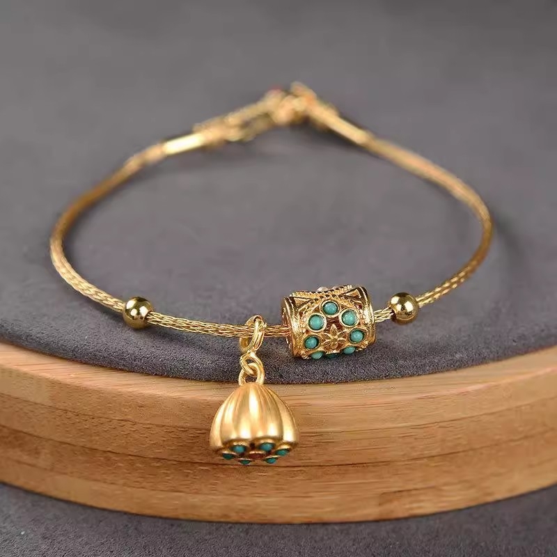 Гривна за жени в нов китайски стил: лотосово сърце и плод на лотос, златисти мъниста, нефрит и тюркоаз, ретро син лотос