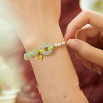 Дамска гривна от Хетянски нефрит и сребро, с безопасна закопчалка, преплетен въже, талисман за късмет — подарък за рождения ден