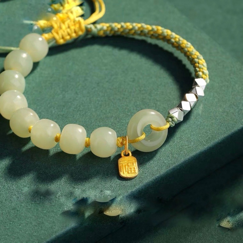 Дамска гривна от Хетянски нефрит и сребро, с безопасна закопчалка, преплетен въже, талисман за късмет — подарък за рождения ден