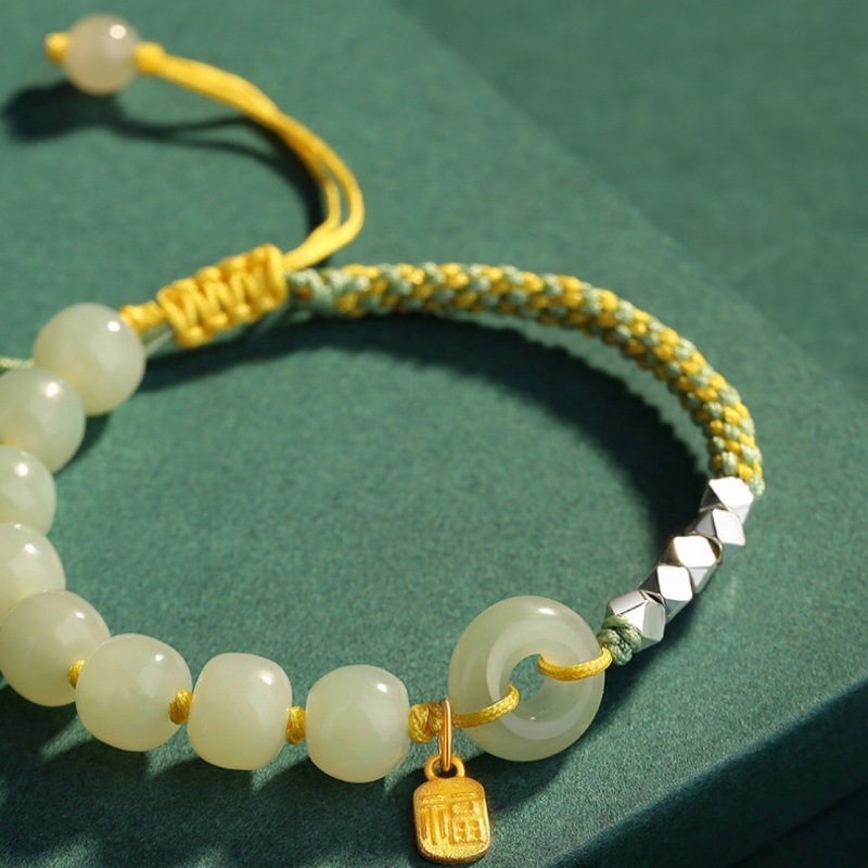 Дамска гривна от Хетянски нефрит и сребро, с безопасна закопчалка, преплетен въже, талисман за късмет — подарък за рождения ден