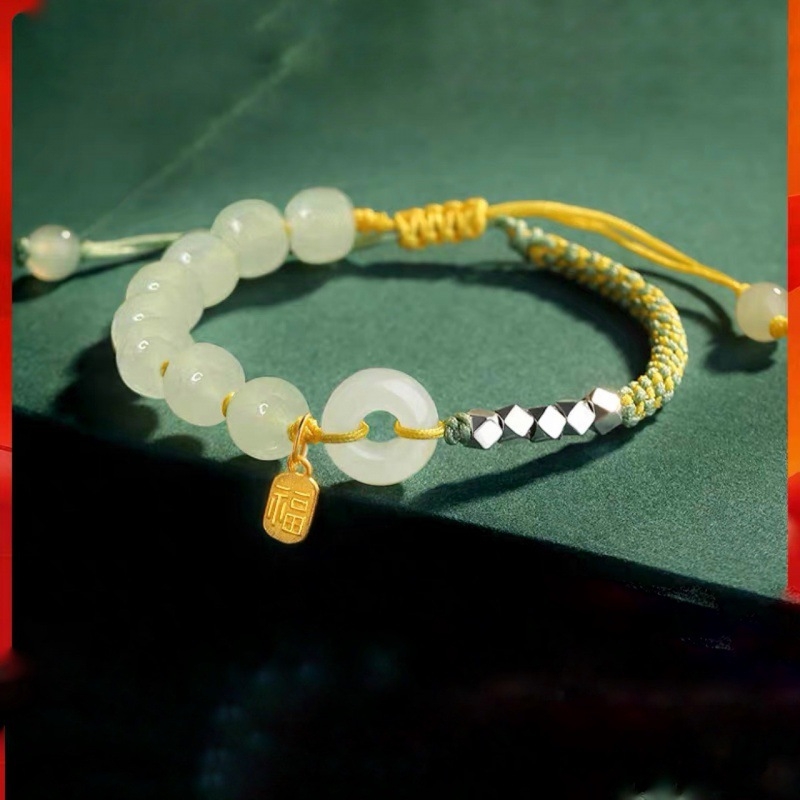 Дамска гривна от Хетянски нефрит и сребро, с безопасна закопчалка, преплетен въже, талисман за късмет — подарък за рождения ден