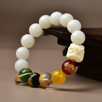 Природна обсидианова гривна с пет богове на богатството, гравирано лъвче, Bodhi мъниста и бял нефрит, унисекс културна гривна