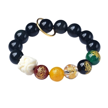 Природна обсидианова гривна с пет богове на богатството, гравирано лъвче, Bodhi мъниста и бял нефрит, унисекс културна гривна