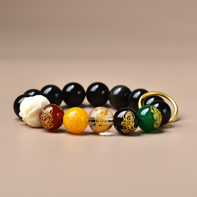 Природна обсидианова гривна с пет богове на богатството, гравирано лъвче, Bodhi мъниста и бял нефрит, унисекс културна гривна