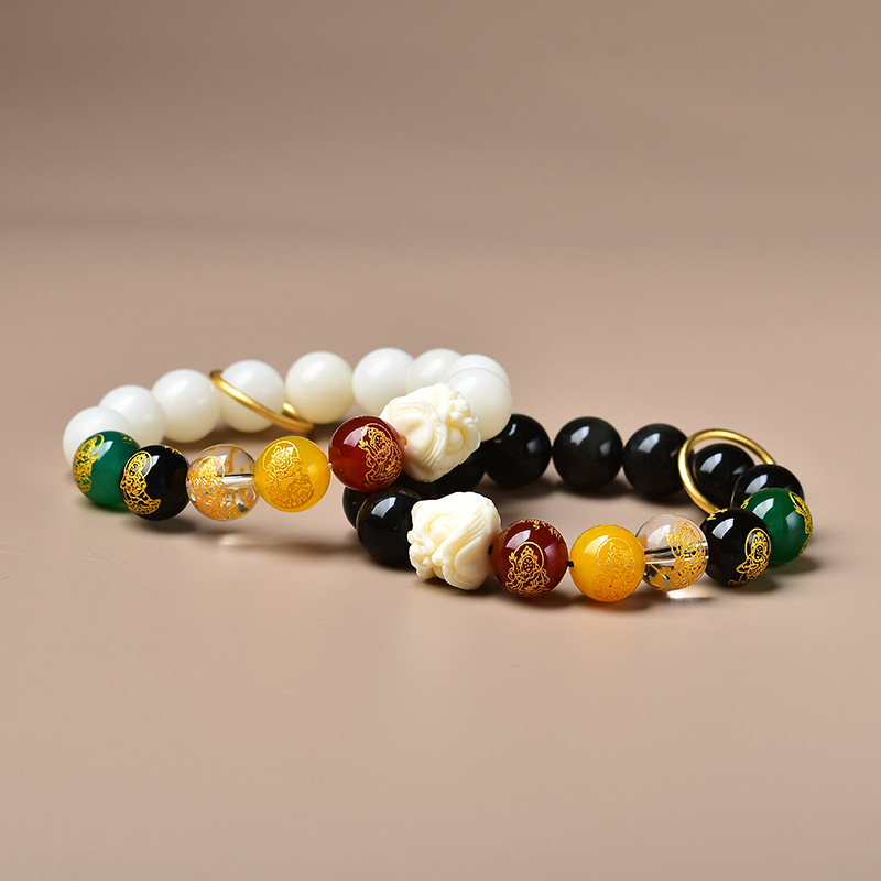 Природна обсидианова гривна с пет богове на богатството, гравирано лъвче, Bodhi мъниста и бял нефрит, унисекс културна гривна