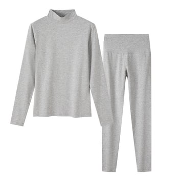 Дамски памучен термо комплект: тънко горнище и панталон с кръгло деколте, антибактериален, прилепващ силует, за есен и зима