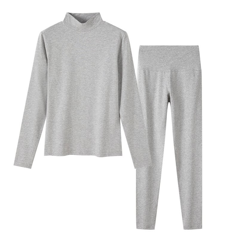 Дамски памучен термо комплект: тънко горнище и панталон с кръгло деколте, антибактериален, прилепващ силует, за есен и зима